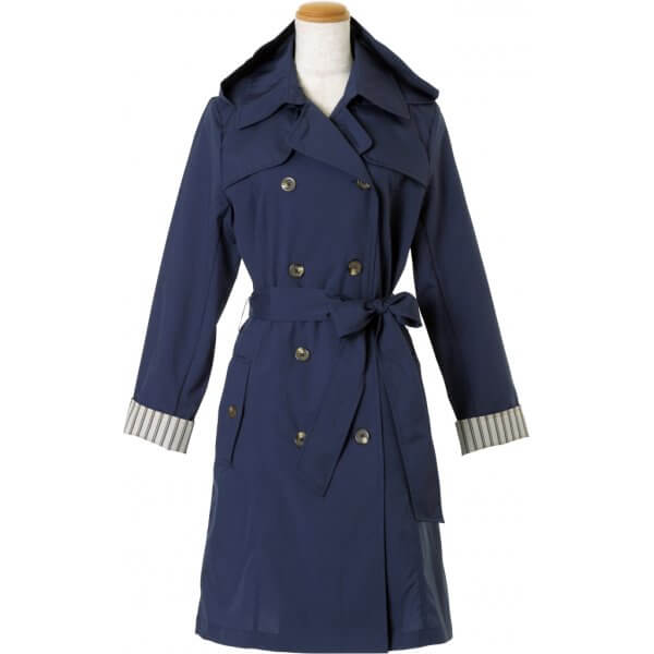 Ladies Double-Breasted Belted Trench Coat in Navy with stripes inverted sleeve